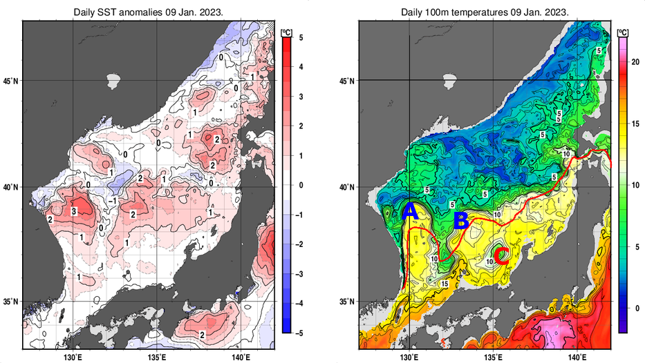 日本海の海面水温平年差分布図および深さ100mの水温分布図（1月9日）