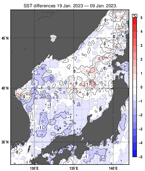 日本海の10日間の海面水温変化量分布図（1月19日）