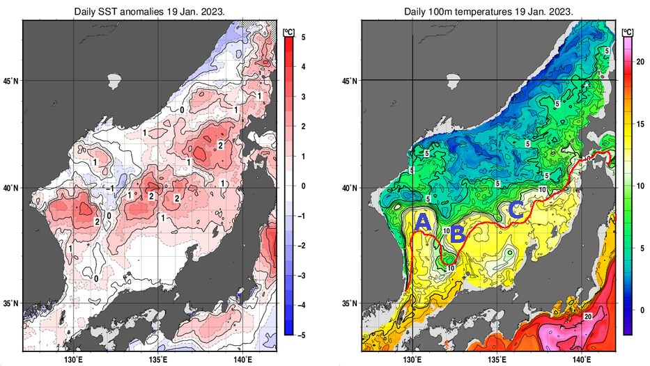 日本海の海面水温平年差分布図および深さ100mの水温分布図（1月19日）