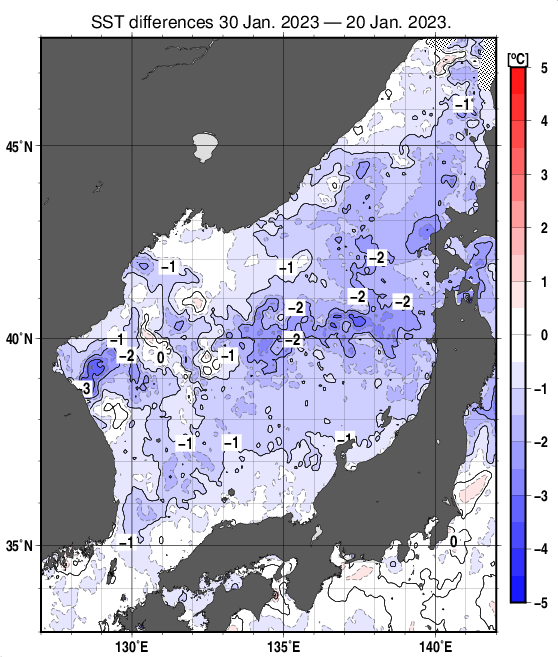 日本海の10日間の海面水温変化量分布図（1月30日）