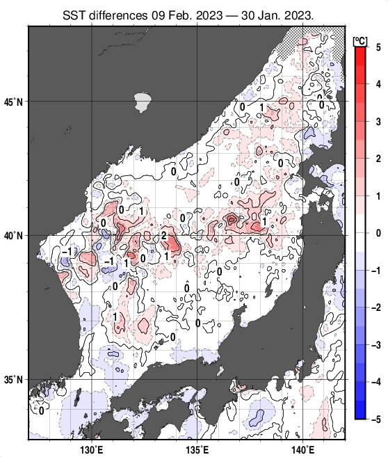 日本海の10日間の海面水温変化量分布図（2月9日）