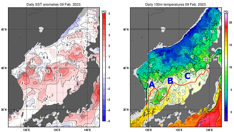 日本海の海面水温平年差分布図および深さ100mの水温分布図（2月9日）