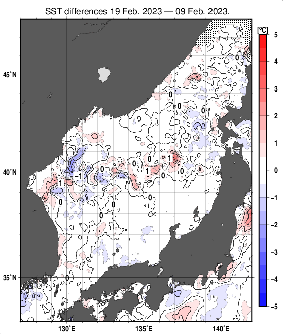 日本海の10日間の海面水温変化量分布図（2月19日）