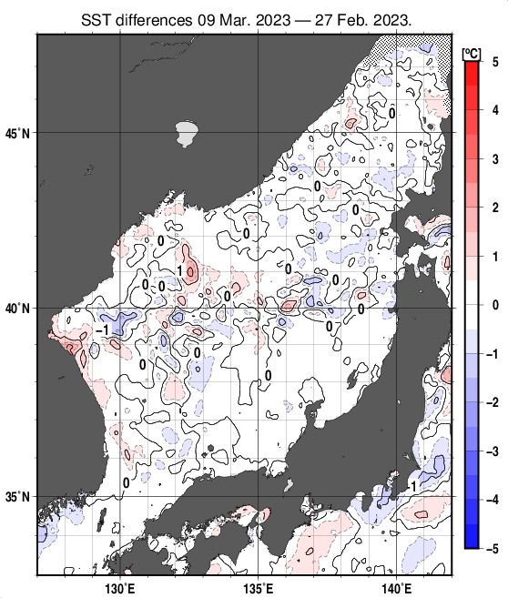 日本海の10日間の海面水温変化量分布図（3月9日）