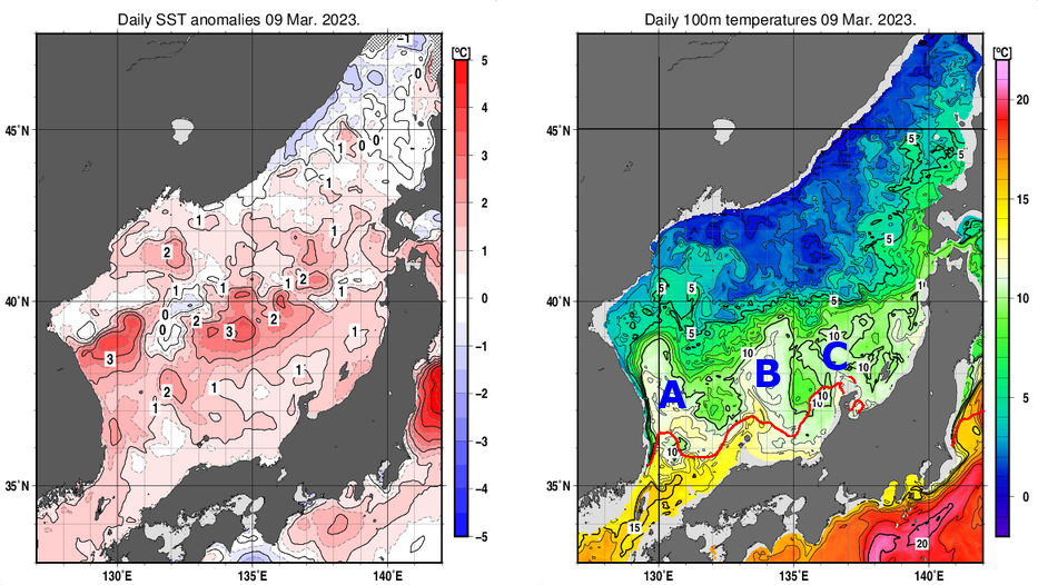 日本海の海面水温平年差分布図および深さ100mの水温分布図（3月9日）