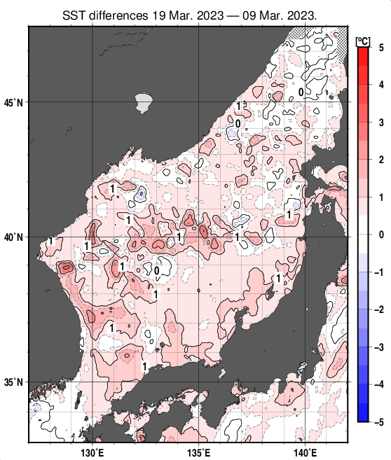 日本海の10日間の海面水温変化量分布図（3月19日）