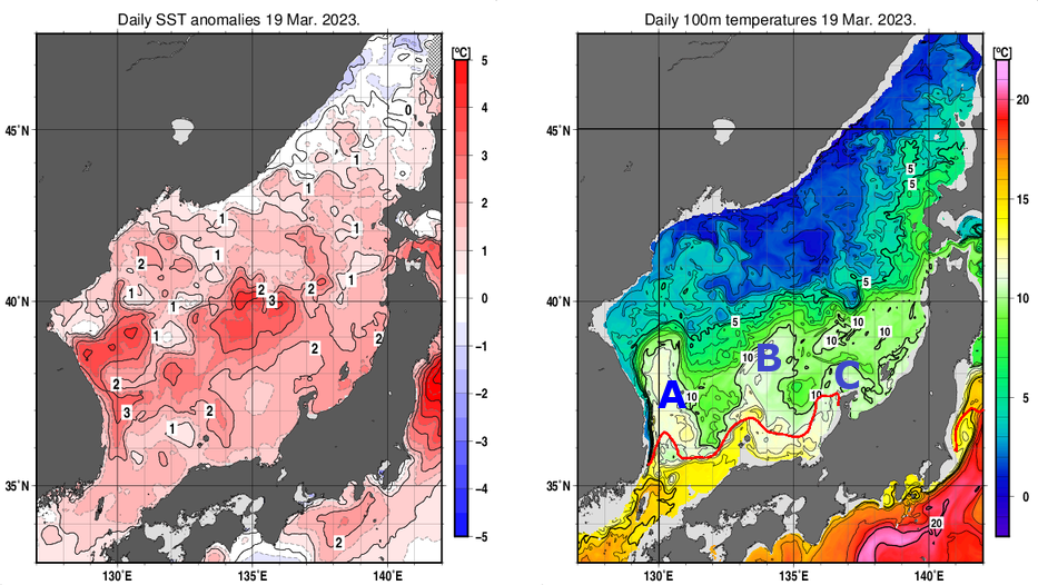 日本海の海面水温平年差分布図および深さ100mの水温分布図（3月19日）