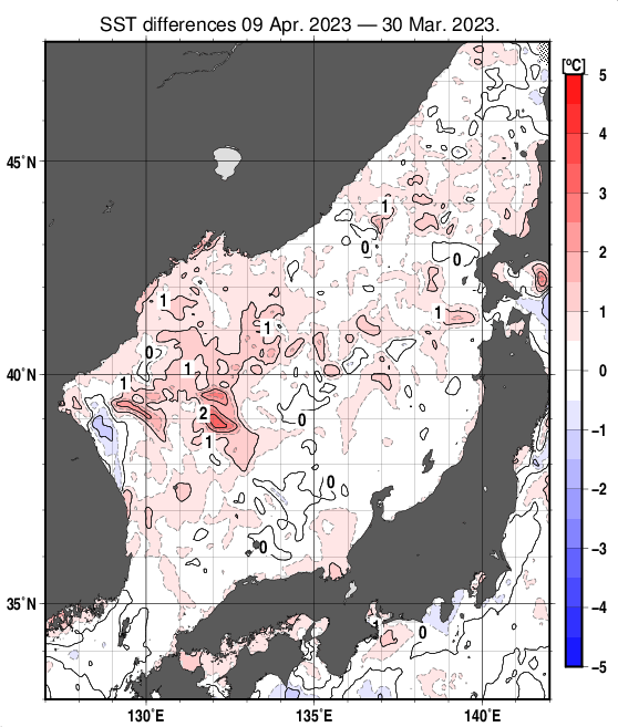 日本海の10日間の海面水温変化量分布図（4月9日）