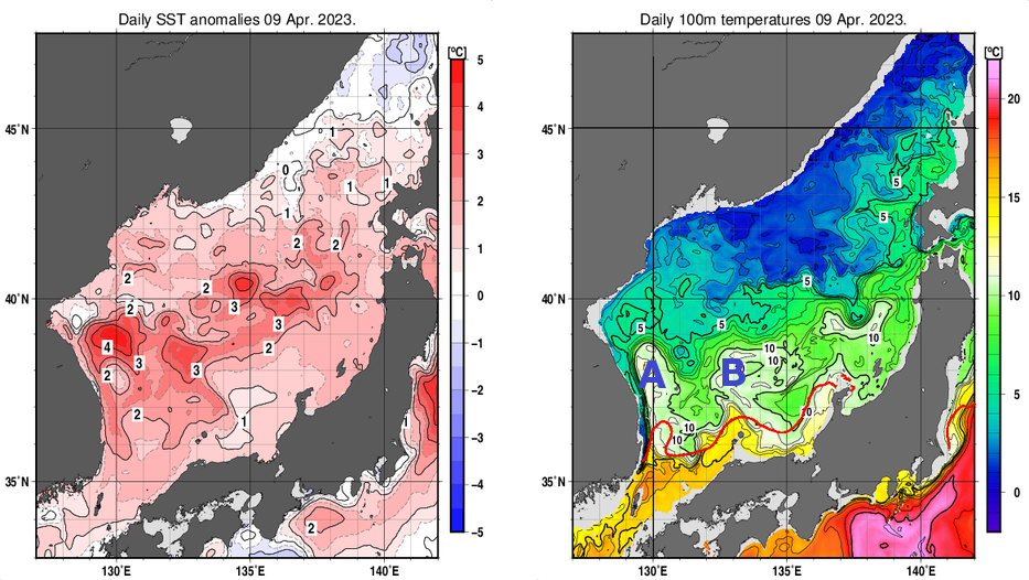 日本海の海面水温平年差分布図および深さ100mの水温分布図（4月9日）