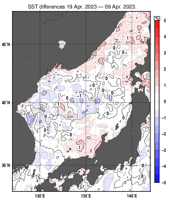 日本海の10日間の海面水温変化量分布図（4月19日）