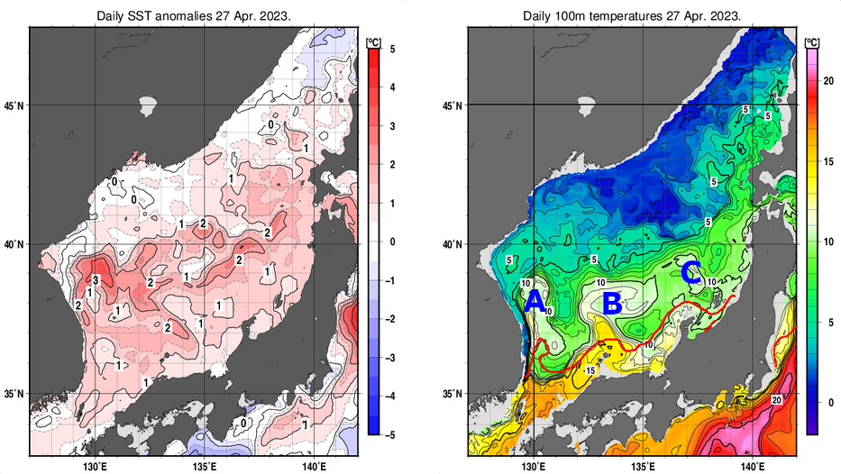 日本海の海面水温平年差分布図および深さ100mの水温分布図（4月27日）