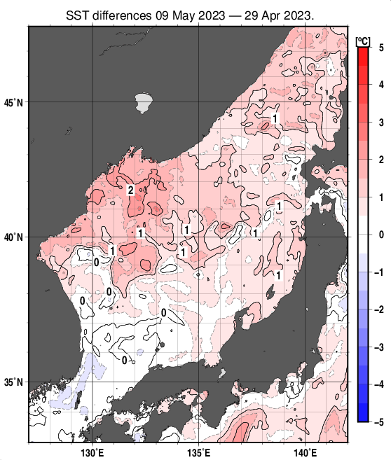 日本海の10日間の海面水温変化量分布図（5月9日）