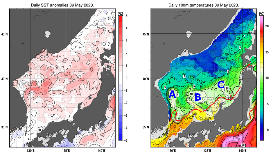日本海の海面水温平年差分布図および深さ100mの水温分布図（5月9日）