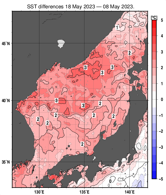 日本海の10日間の海面水温変化量分布図（5月18日）