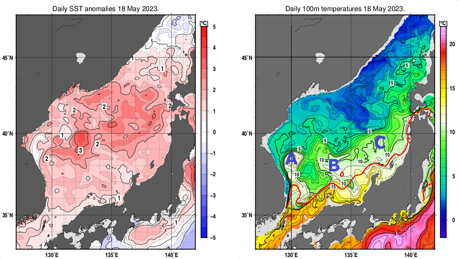 日本海の海面水温平年差分布図および深さ100mの水温分布図（5月18日）