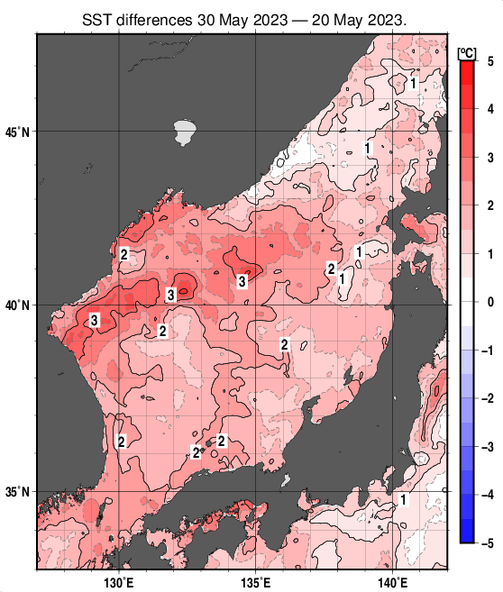 日本海の10日間の海面水温変化量分布図（5月30日）