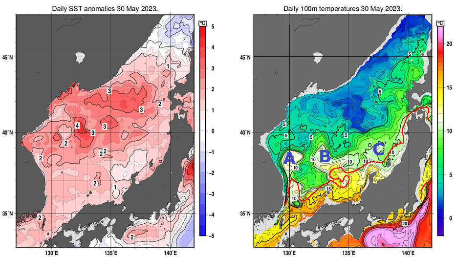 日本海の海面水温平年差分布図および深さ100mの水温分布図（5月30日）