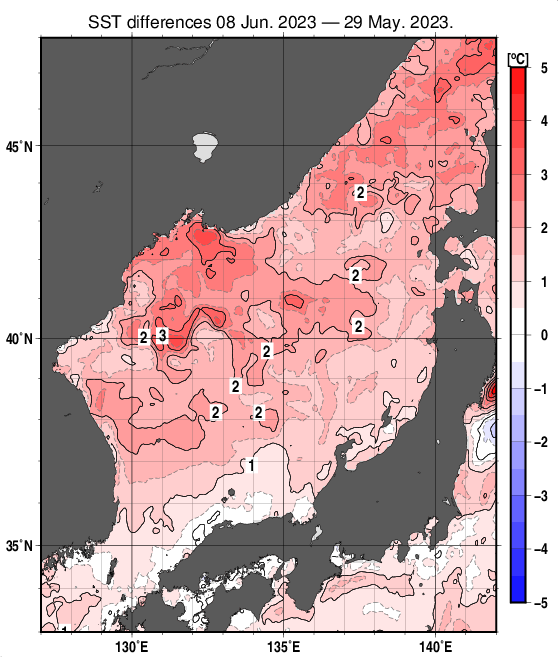 日本海の10日間の海面水温変化量分布図（6月8日）
