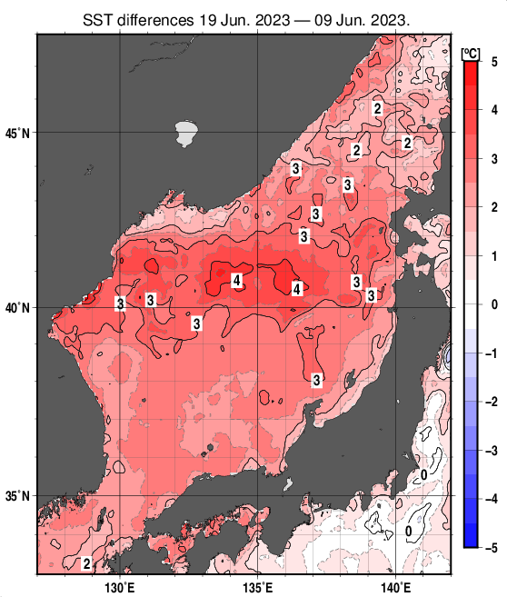日本海の10日間の海面水温変化量分布図（6月19日）