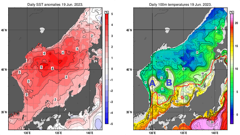 日本海の海面水温平年差分布図および深さ100mの水温分布図（6月19日）