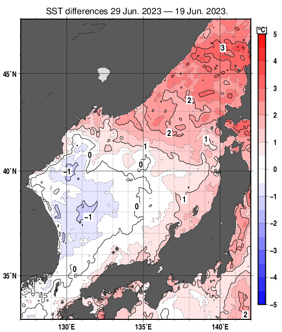 日本海の10日間の海面水温変化量分布図（6月29日）