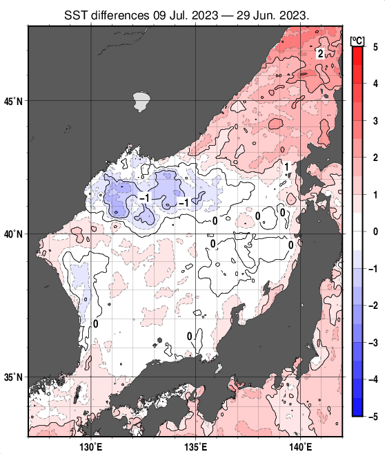日本海の10日間の海面水温変化量分布図（7月9日）