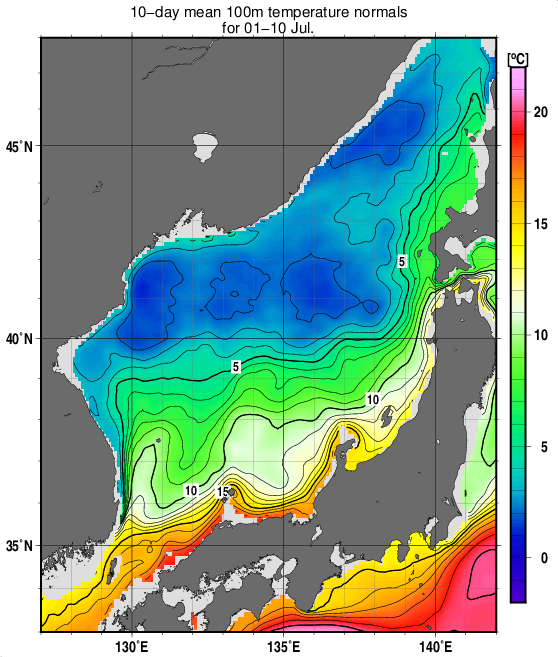 日本海の深さ100mの水温の旬別平年値(1993～2017年の25年間の平均)(7月上旬)