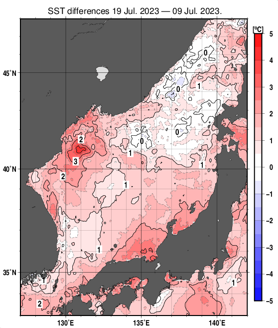 日本海の10日間の海面水温変化量分布図（7月19日）