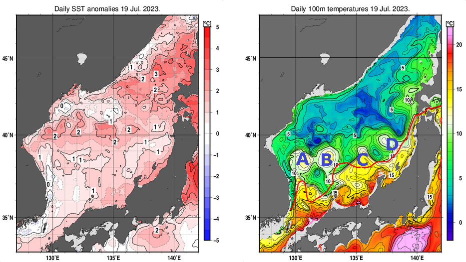 日本海の海面水温平年差分布図および深さ100mの水温分布図（7月19日）