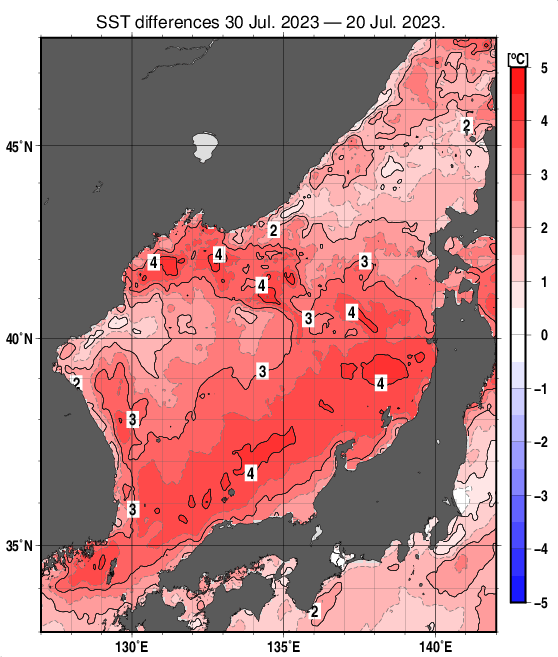 日本海の10日間の海面水温変化量分布図（7月30日）