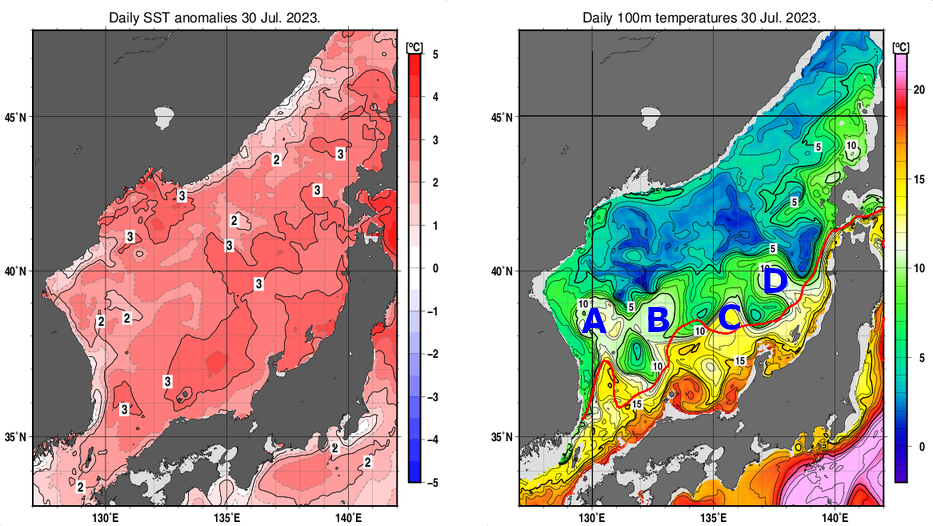 日本海の海面水温平年差分布図および深さ100mの水温分布図（7月30日）