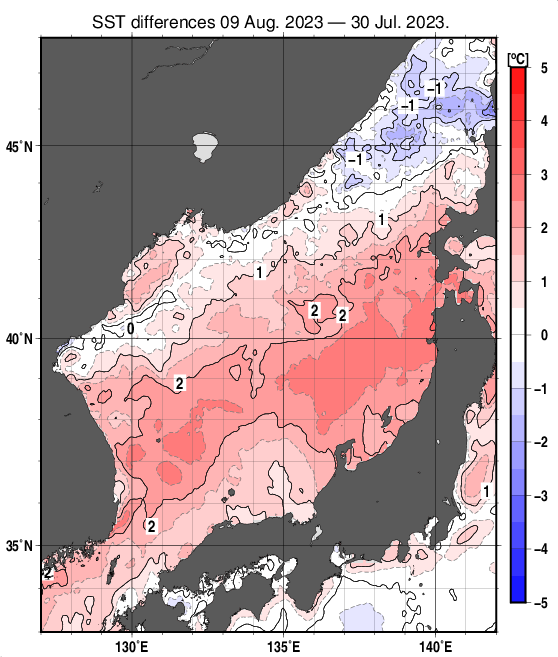 日本海の10日間の海面水温変化量分布図（8月9日）