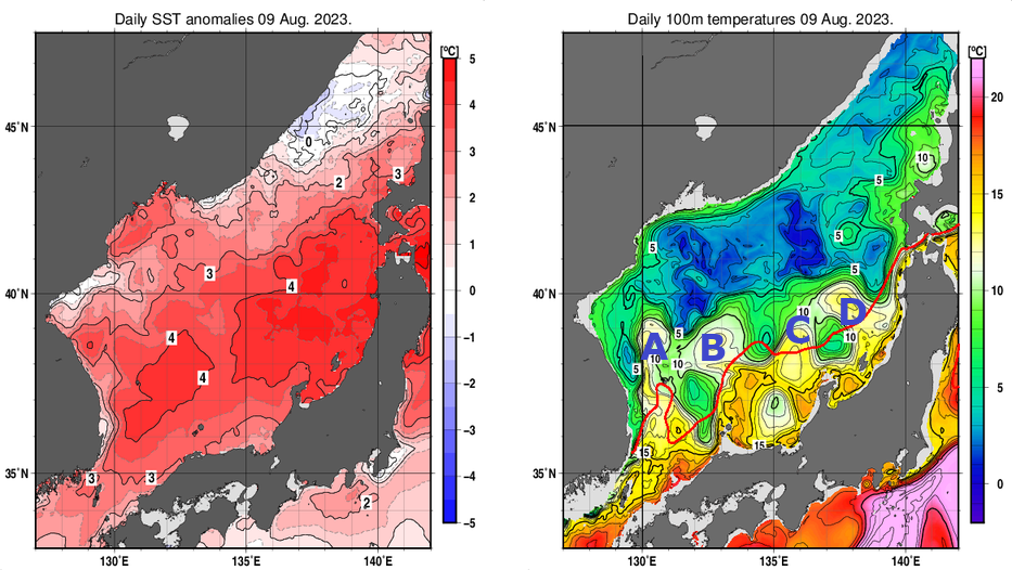 日本海の海面水温平年差分布図および深さ100mの水温分布図（8月9日）