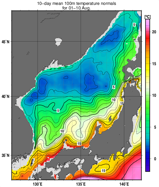 日本海の深さ100mの水温の旬別平年値(1993～2017年の25年間の平均)(8月上旬)