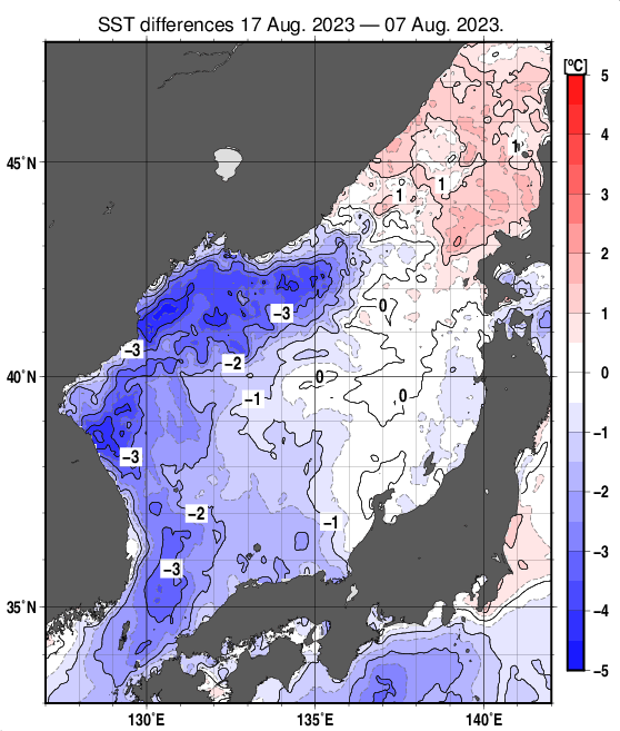 日本海の10日間の海面水温変化量分布図（8月17日）