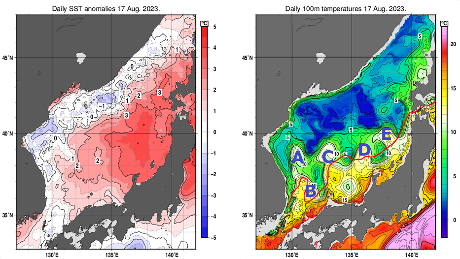 日本海の海面水温平年差分布図および深さ100mの水温分布図（8月17日）