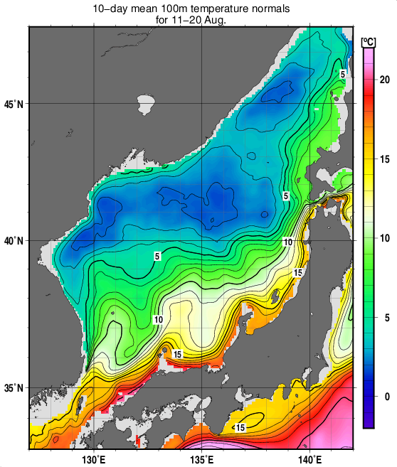 日本海の深さ100mの水温の旬別平年値(1993～2017年の25年間の平均)(8月中旬)
