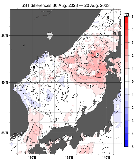 日本海の10日間の海面水温変化量分布図（8月30日）