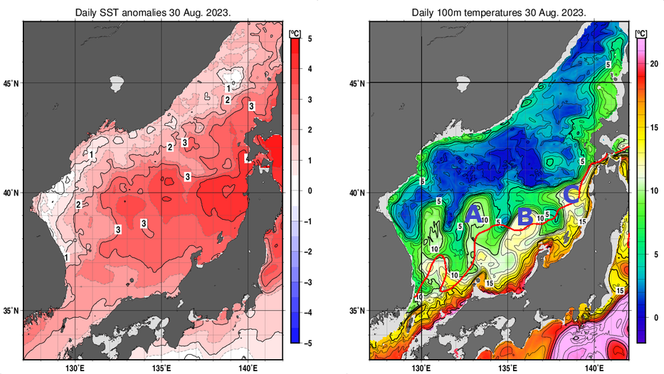 日本海の海面水温平年差分布図および深さ100mの水温分布図（8月30日）