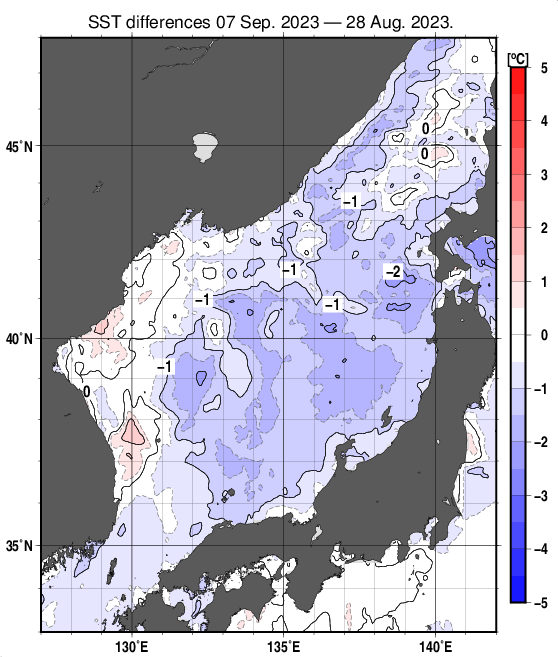 日本海の10日間の海面水温変化量分布図（9月7日）