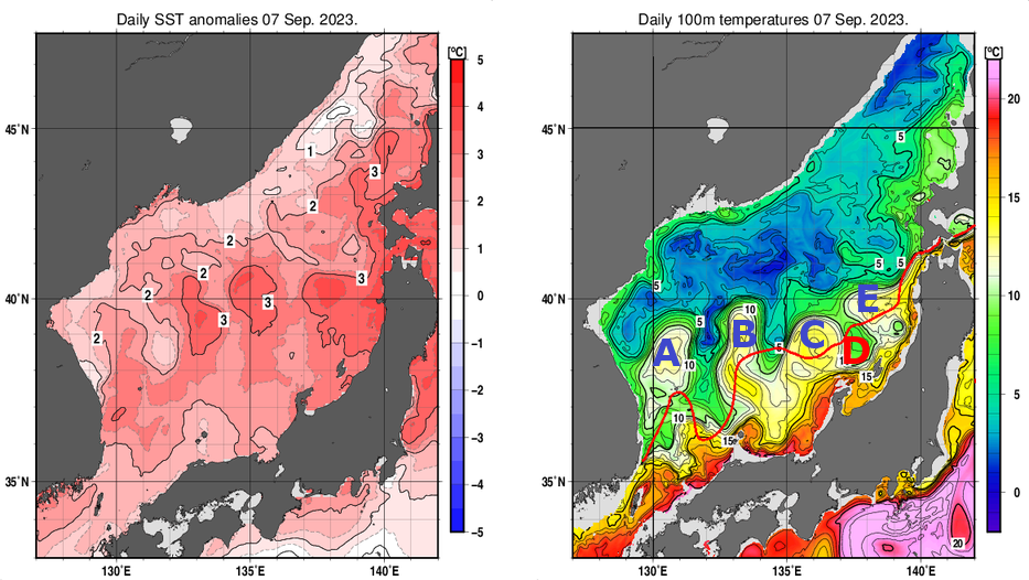 日本海の海面水温平年差分布図および深さ100mの水温分布図（9月7日）