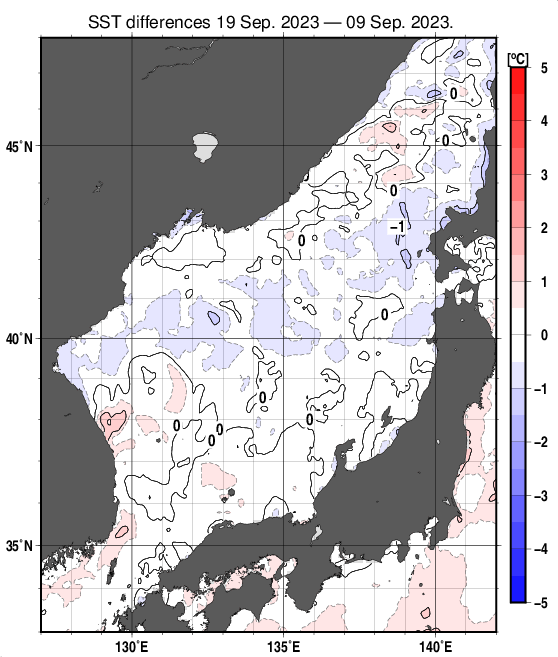 日本海の10日間の海面水温変化量分布図（9月19日）