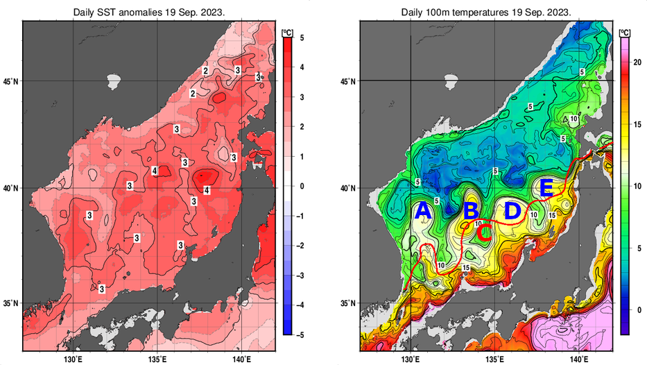 日本海の海面水温平年差分布図および深さ100mの水温分布図（9月19日）