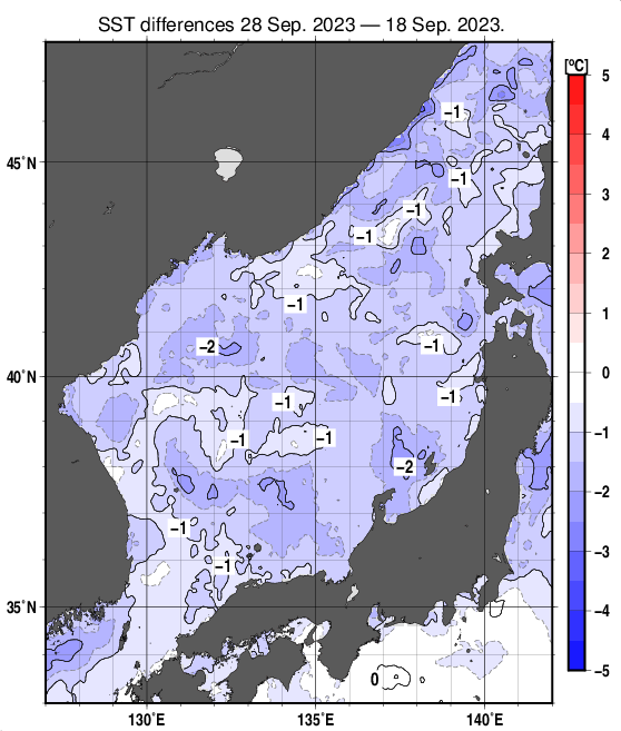 日本海の10日間の海面水温変化量分布図（9月28日）
