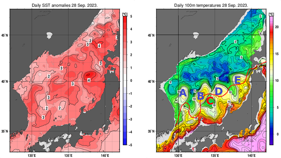 日本海の海面水温平年差分布図および深さ100mの水温分布図（9月28日）