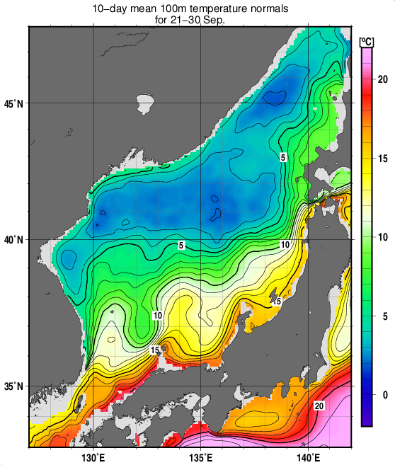 日本海の深さ100mの水温の旬別平年値(1993～2017年の25年間の平均)(9月下旬)