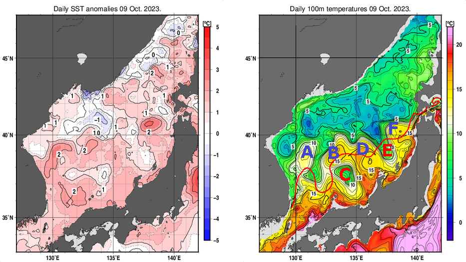日本海の海面水温平年差分布図および深さ100mの水温分布図（10月9日）