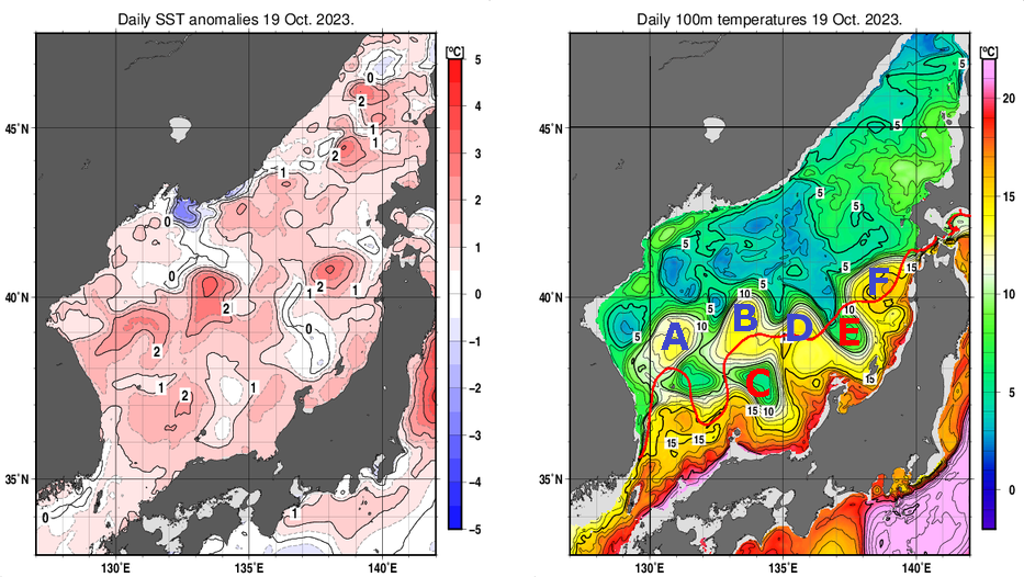 日本海の海面水温平年差分布図および深さ100mの水温分布図（10月19日）