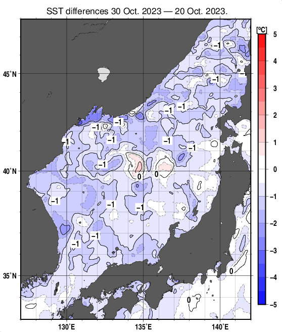 日本海の10日間の海面水温変化量分布図（10月30日）