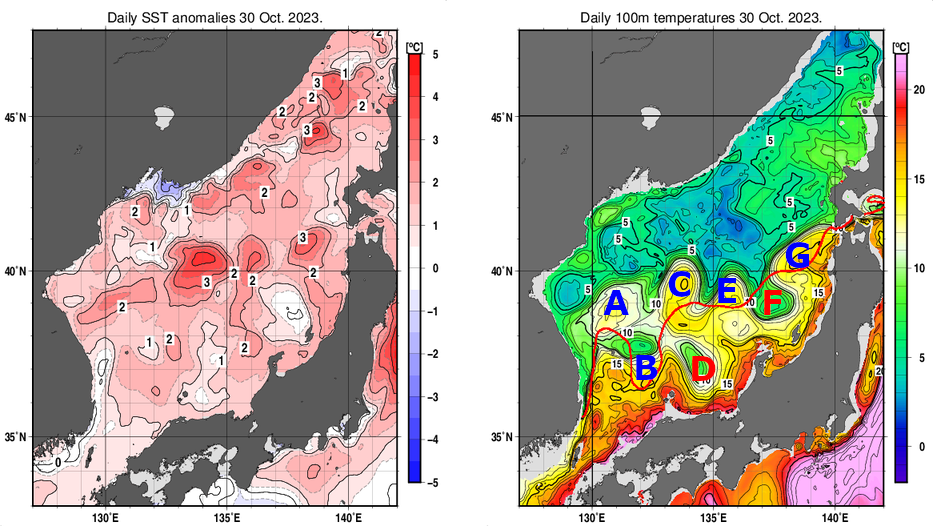 日本海の海面水温平年差分布図および深さ100mの水温分布図（10月30日）
